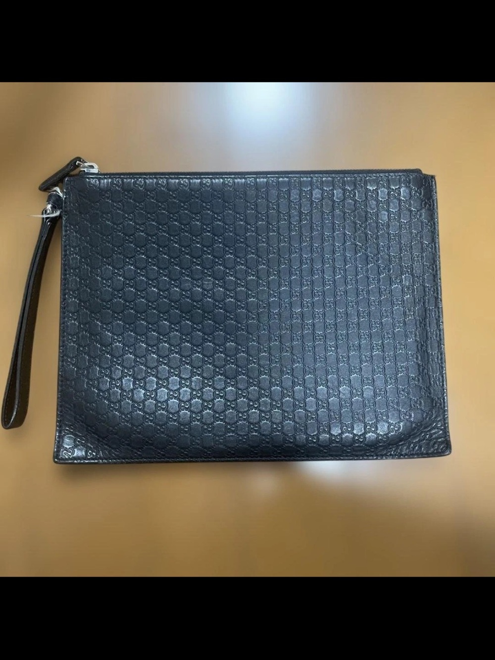 Gucci Black Embossed Leather Wristlet Clutch